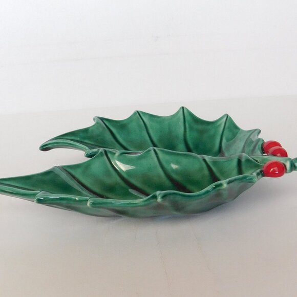 Green Holly Leaf Berry Stem Christmas Candy Dish VTG 70's Atlantic Mold - Picture 3 of 7